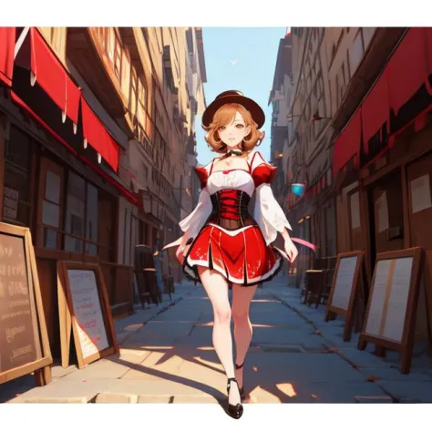 anime girl in red dress walking down a street in a city