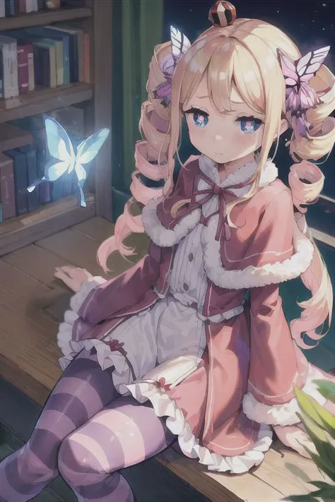 anime girl sitting on a bench with a butterfly in her hand