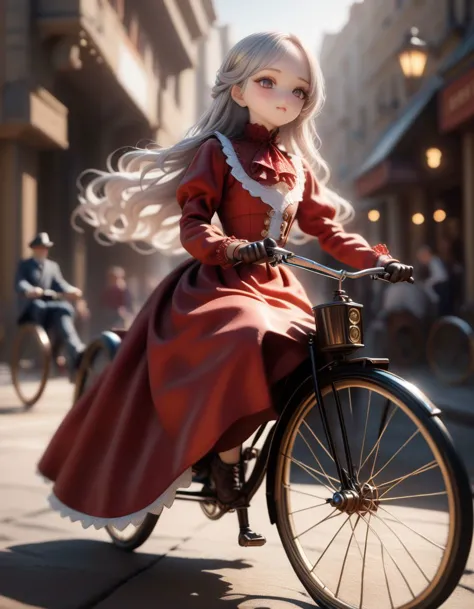 a close up of a doll riding a bike on a city street