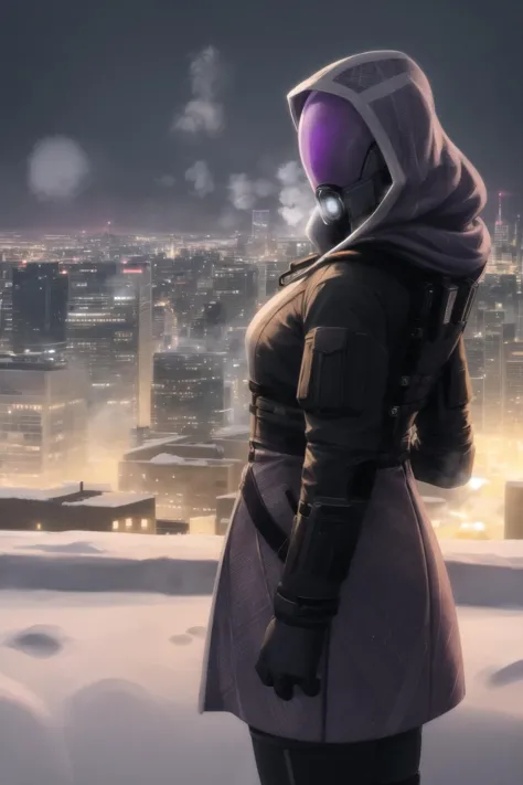 a woman in a hoodie standing on a snowy hill looking at a city