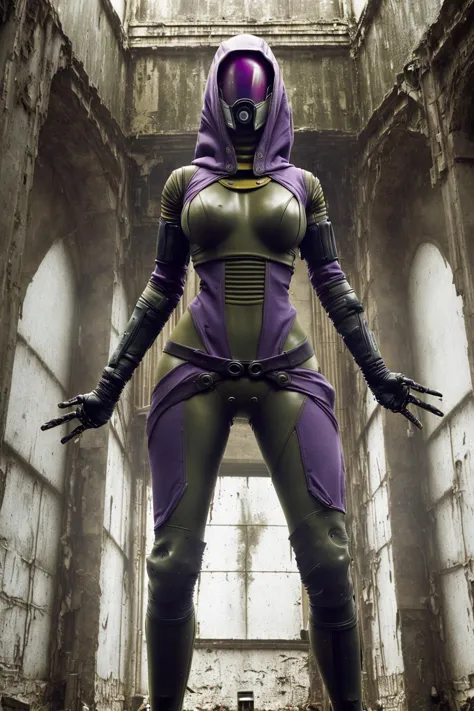 photo of female tali (in a abandoned cathedral:1.0), dirty walls, (skinny:1.4), (sexy:1.1), very tall, leather pants, hood, purp...