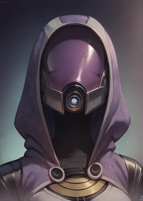 a close up of a person wearing a purple helmet and a hood