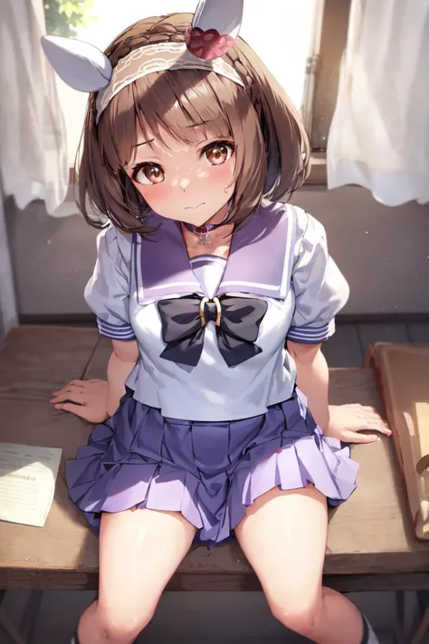 masterpiece, best quality,
yukino bijin \(umamusume\),
sitting on desk, from above,
closed mouth, sweatdrop,
tracen school uniform, summer uniform, ear covers, headband, serafuku, puffy short sleeves, purple bowtie, horseshoe ornament, sailor collar, sailor shirt, purple shirt, white skirt, pleated skirt,
<lora:yukino_bijin_loha-000007:0.7>