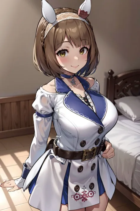 <lora:yukino_bijin_loha:0.8>, yukino bijin \(umamusume\),ear covers, headband, white choker, white dress, long sleeves, fingerless glove, white glove, single glove, blue collar, necklace, buttons, brown belt, belt buckle, layered dress, frilled dress, white footwear, boots,closed mouth, smile, blush,indoors,arms behind back,looking at viewer, cowboy shot, high quality, alternate costume, clear skin, (masterpiece, best quality, ultra detailed, detailed background, complex background), (perfect face, detailed face), perfect anatomy,{highres}