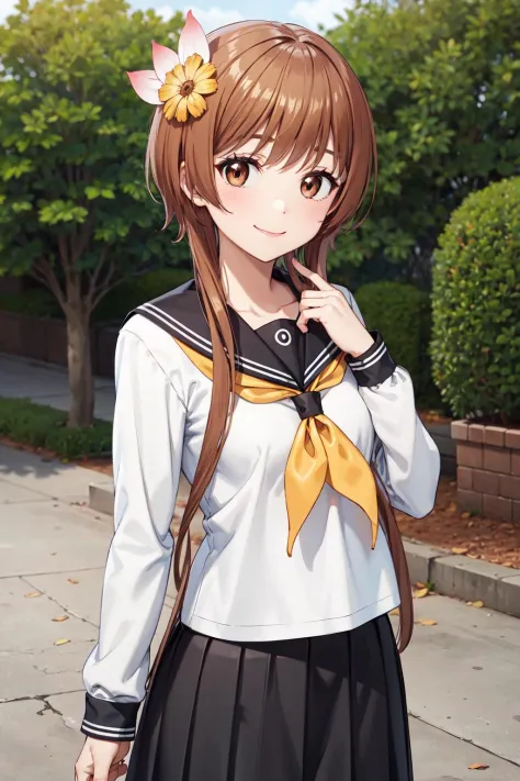 masterpiece,best quality,highres,ultra-detailed,aamarika,brown eyes,light brown hair,short hair with long locks,bangs,hair ornament,hair flower,school uniform,serafuku,sailor collar,(neckerchief:1.1),white shirt,long sleeves,black skirt,(white socks:1.4),loafers,brown footwear,<lora:tachibana_marika:0.7>,outdoors,cowboy shot,smile,standing,