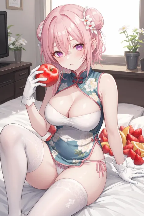 1girl, breasts, solo, white thighhighs, chinese clothes, china dress, underwear, cleavage, hair ornament, panties, hair flower, sitting, large breasts, side-tie panties, looking at viewer, holding, food, fruit, pink hair, holding food, bangs, hair bun, hai...