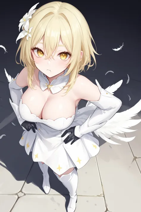 1girl,breasts,blonde hair,solo,cleavage,hair ornament,hair flower,pout,yellow eyes,white dress,hands on hips,looking at viewer,bare shoulders,large breasts,blush,thigh boots,hair between eyes,detached sleeves,boots,bangs,feather hair ornament,=3,from above...