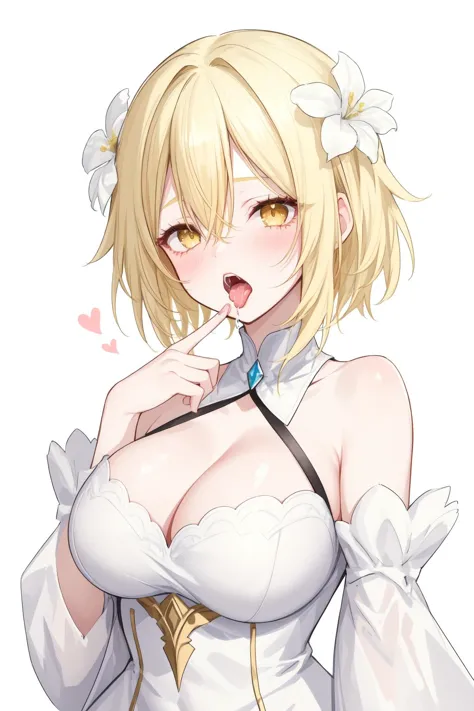 1girl,breasts,blonde hair,hair flower,hair ornament,flower,blush,tongue,cleavage,open mouth,yellow eyes,saliva,finger in another's mouth,dress,white dress,bangs,bare shoulders,hair between eyes,tongue out,solo focus,upper body,simple background,large breas...