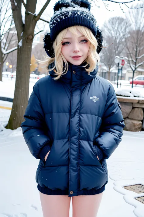 arafed woman in a blue jacket and black hat standing in the snow