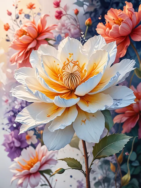 abstract, concept: a dream in full bloom, floral elements, big flowers, intricate, stunning, mimalist, white, subtle, classy, luxury, magical realm effect, enchanting, illustration, beauty of contrast color pairing, east meets west, juxtaposition, cinematic,    <lora:Cute_3D_Cartoon:0.8>