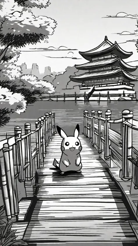 cartoon of a person sitting on a wooden bridge with a small dog