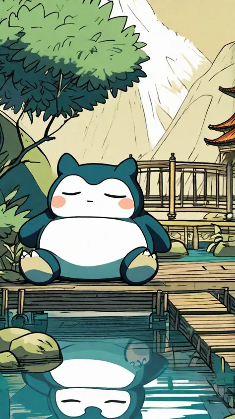 resting Snorlax, Pokemon, water, bamboo, Chinese bridge, <lora:The_Simplest:0.5>, masterpiece, 8k, sharp, heavy shadow, <lora:Cute_3D_Cartoon:0.08>, palace background