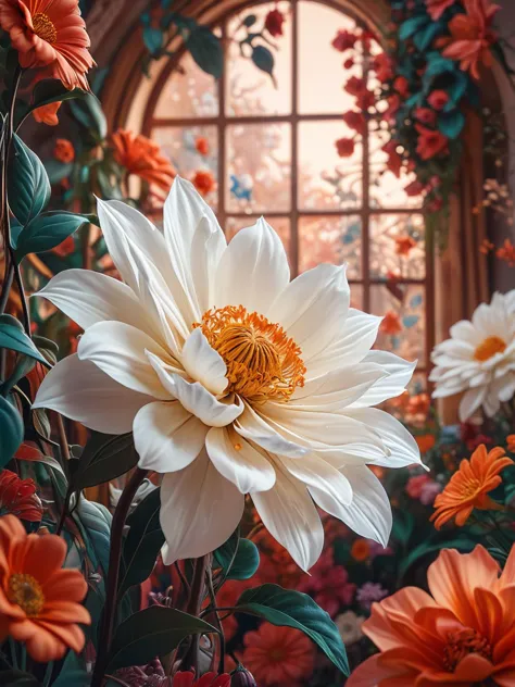 there is a large white flower with orange and yellow petals