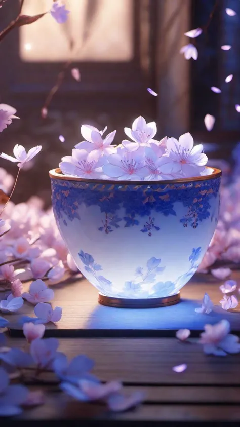 sakura petal, blue and white porcelain, soul, fairy-tale, soul, crystal clear, blue transparent soul, colorful, light purple, orange, cinematic lighting, <lora:add-detail-xl:0.25>, 8k, <lora:Cute_3D_Cartoon:0.25>, Designed by Bage