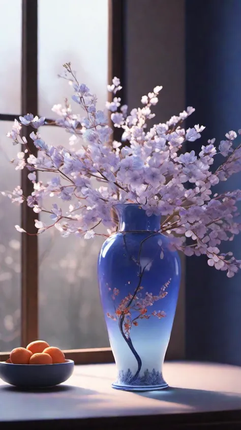 there is a blue vase with flowers in it on a table