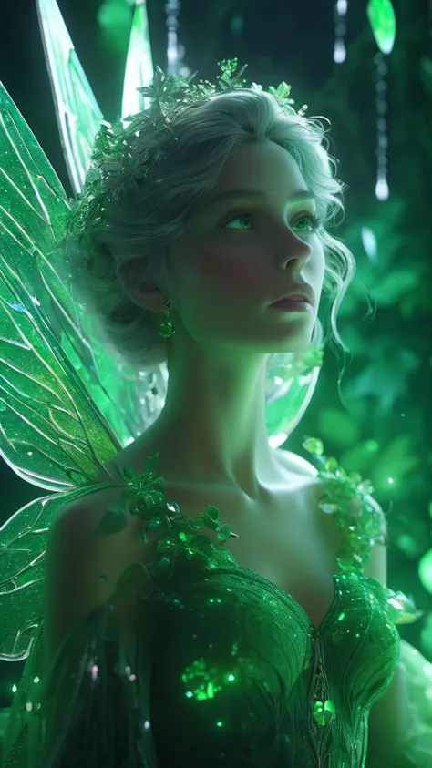 a close up of a woman wearing a green fairy costume