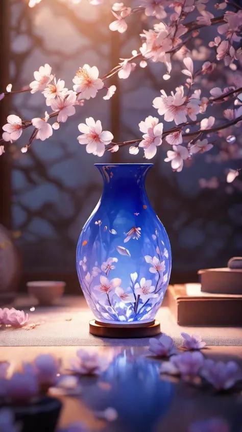 there is a blue vase with flowers in it on a table