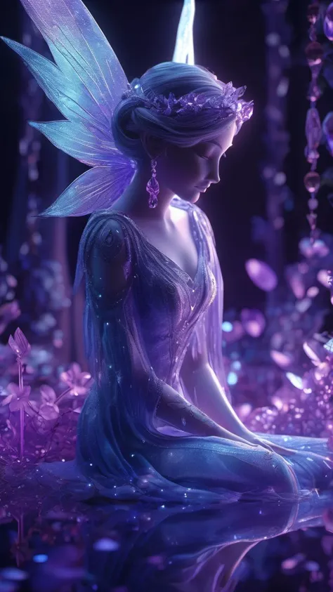 a close up of a fairy sitting on a rock in a forest