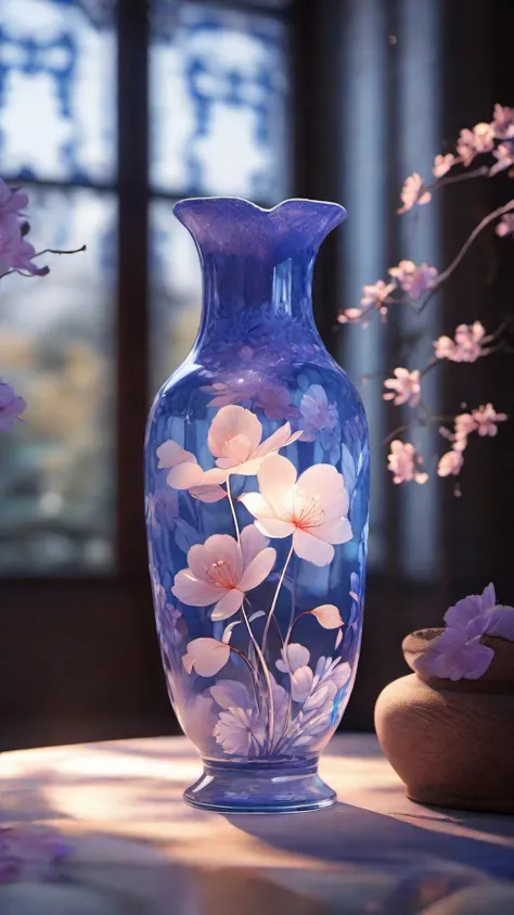 there is a blue vase with flowers on it sitting on a table