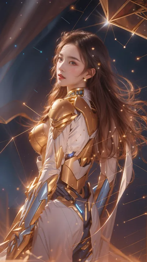 a woman in a white dress and gold armor standing in front of a star filled sky