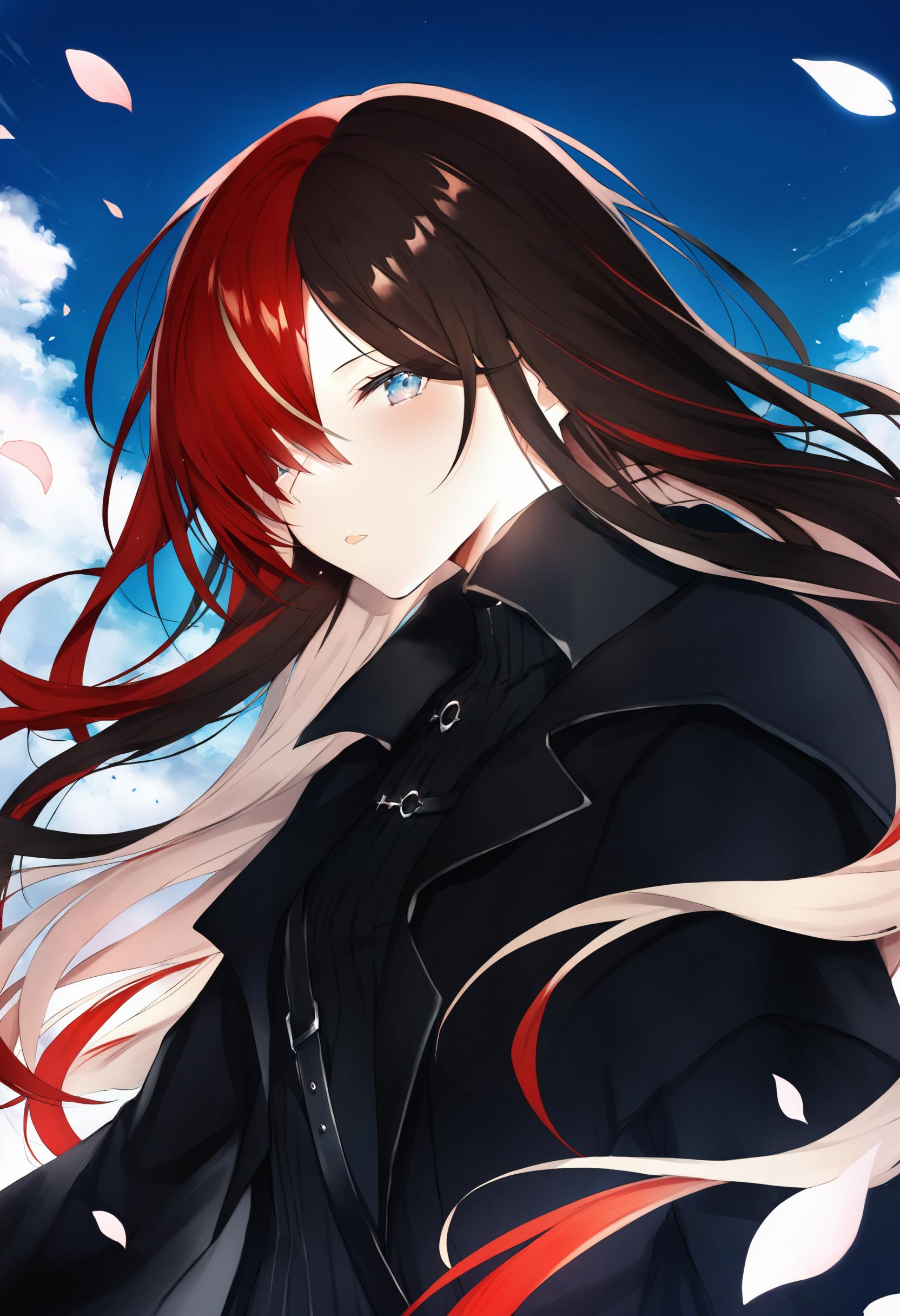 Anime girl with long red hair and black jacket - SeaArt AI