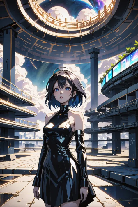 a woman in a black dress standing in a futuristic building