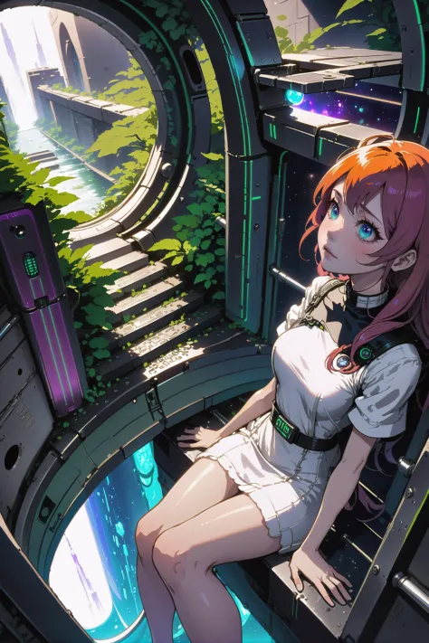 anime girl sitting in a spaceship looking out the window