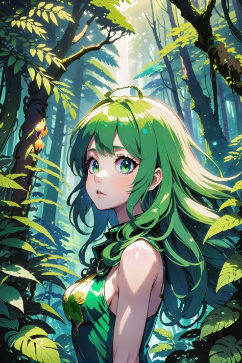 a girl in a green dress standing in the woods