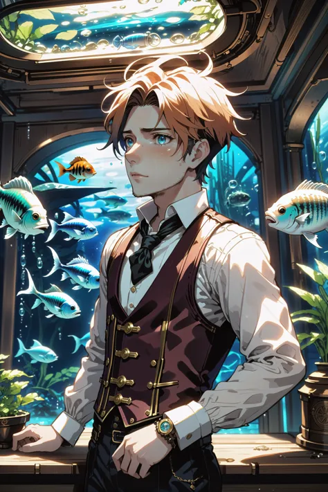 anime - style image of a man in a vest and tie standing in front of a fish tank