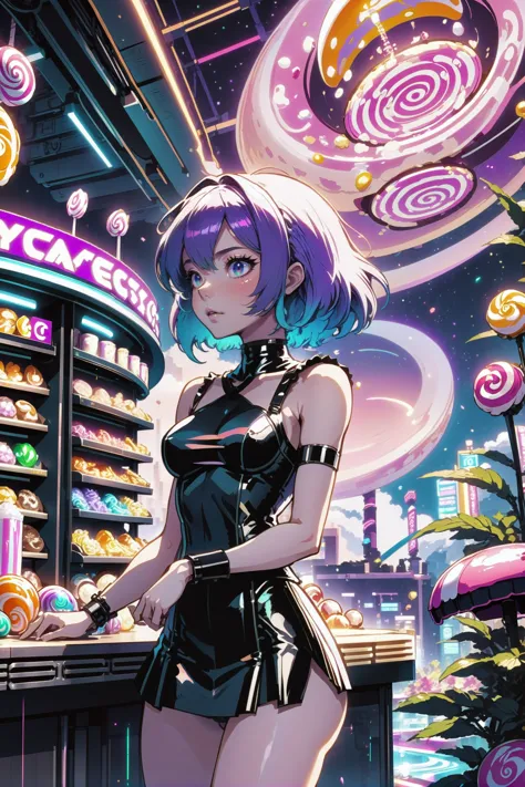 anime girl in a black dress standing in front of a candy shop