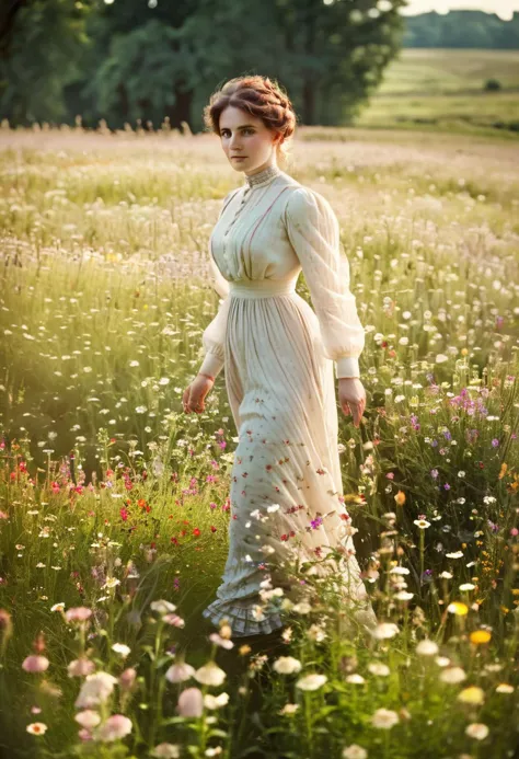 beautiful woman in a victorian dress walking through a field of wildflowers in the setting summer sun, score_9, score_8_up, scor...