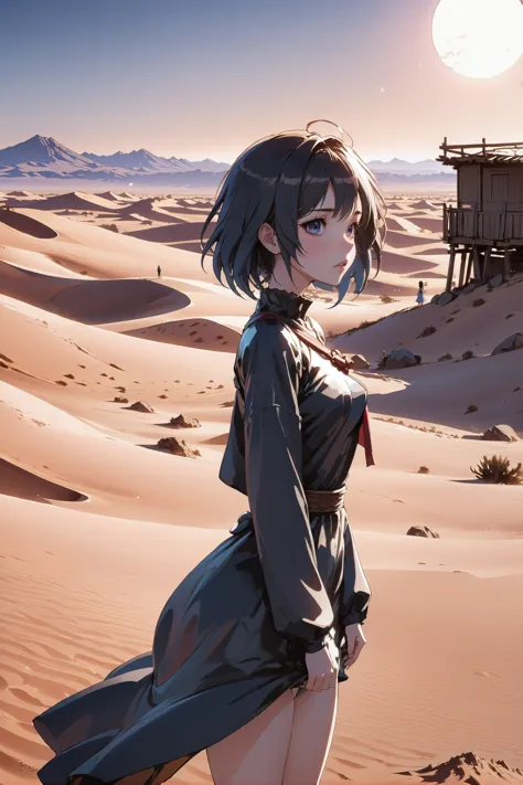 anime girl in the desert with a house in the background