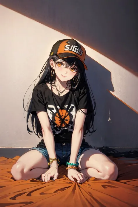 anime girl with black hair and a baseball cap sitting on a bed