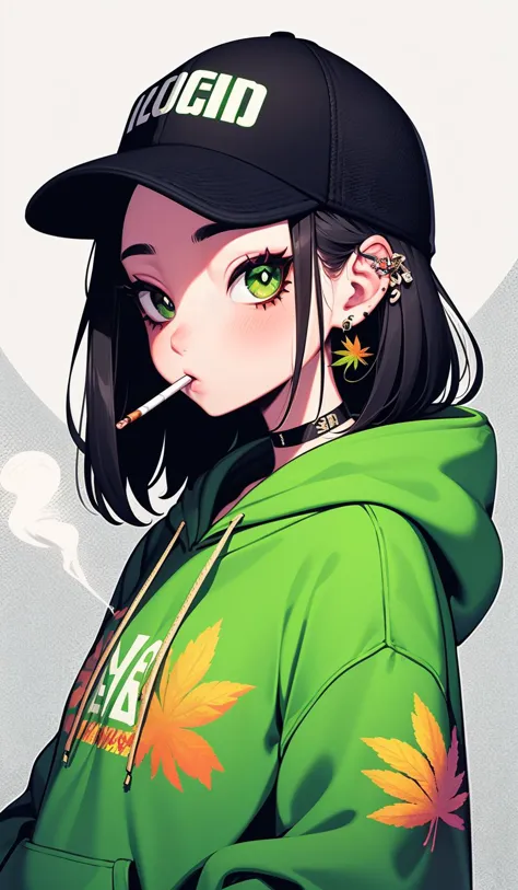 anime girl with green eyes and a baseball cap smoking a cigarette