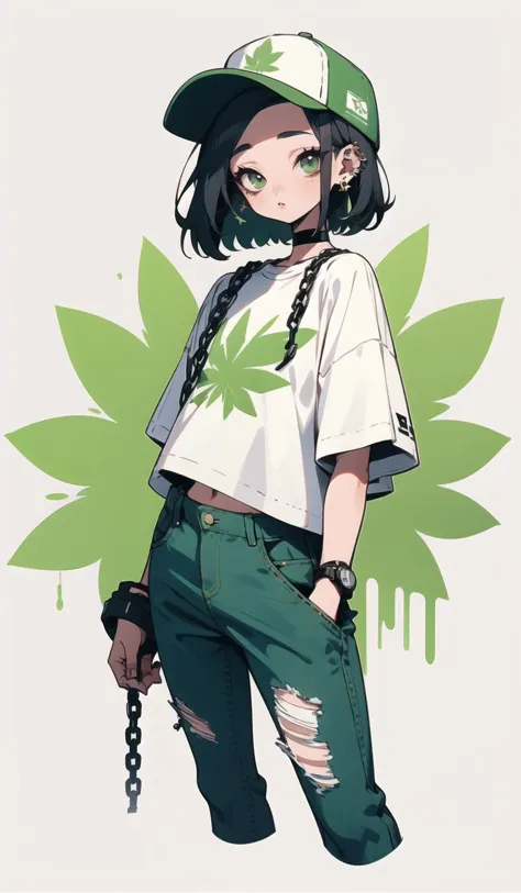 a woman with a hat and green pants standing in front of a marijuana leaf