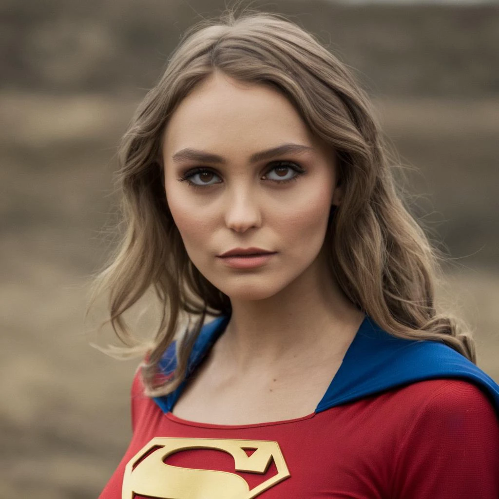 High res portrait photo of an actress dressed as Super girl, f /2.8, Canon, 85mm,cinematic, high quality, skin texture, looking at the camera,  
