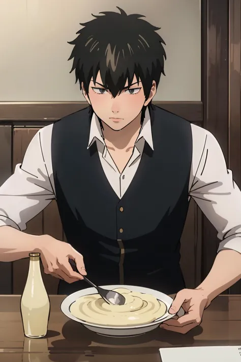 anime guy sitting at a table with a plate of food