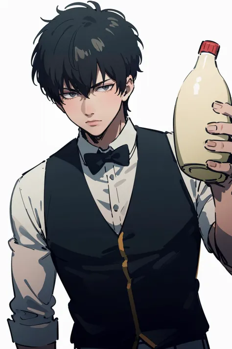 anime guy holding a bottle of milk and a bottle of liquid