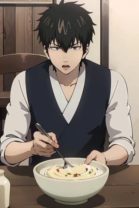 masterpiece,high quality,highres,solo,1boy,<lora:Hijikata-v4-wasabiya:1>,hijikata,male focus,grey eyes,black hair,mayonnaise,bowl,sitting,table,dinner, open mouth, shocked, confused,