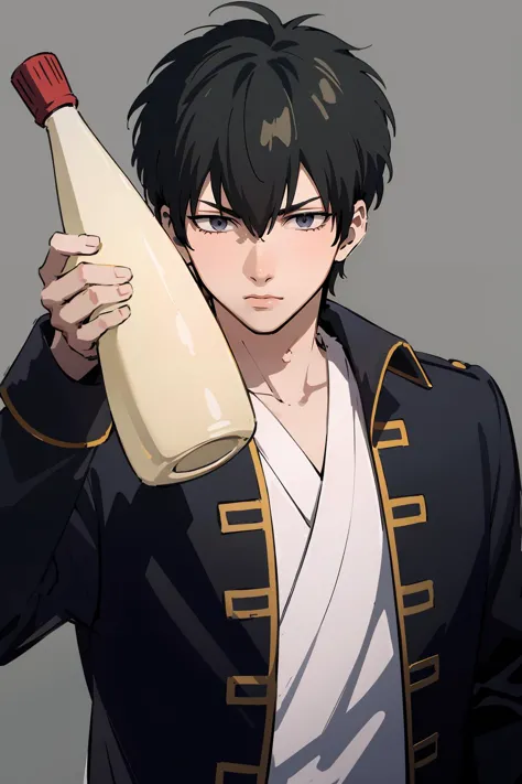 anime guy holding a bottle of wine and a bottle of wine