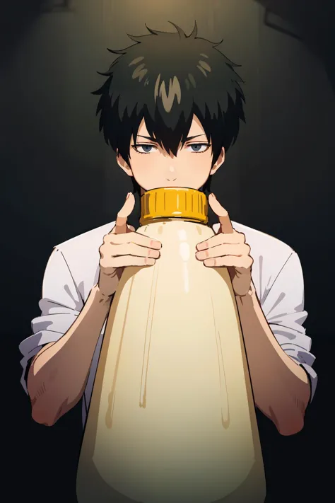 anime boy holding a bottle of milk in front of his face