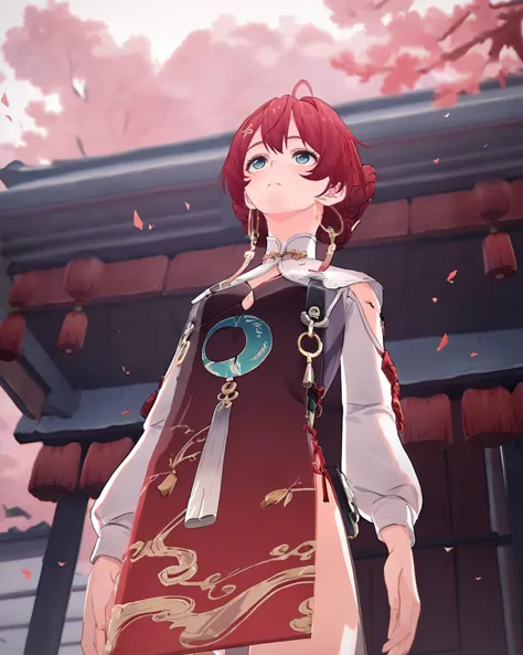 anime girl in a red dress standing in front of a building