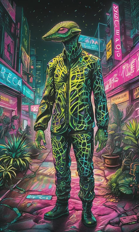 serco style, a shapeshifter with holographic skin, navigating through a neon-lit urban jungle, their body morphing seamlessly with the environment, high detailed, dynamic lighting effects, vibrant neon colors against a dark backdrop,