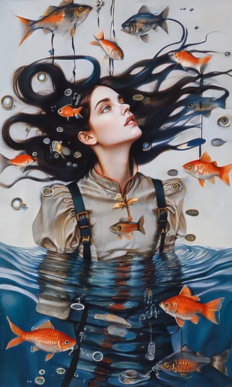 serco style, Subaquatic reverie, a woman enveloped by an aquatic cascade, fish swimming through the air around her, a surreal blend of sea and sky, a metaphor for the fluidity of dreams, an underwater fantasy defying the laws of physics,
