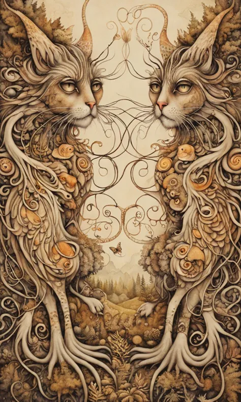 serco style, fantasy illustration, twin creatures, flora and fauna symbiosis, entwined feline forms, mesmerizing gaze, surreal environment, intricate patterns, organic textures, mystical ambiance, spirited beings rooted in an enchanted forest, synergy of life and imagination,