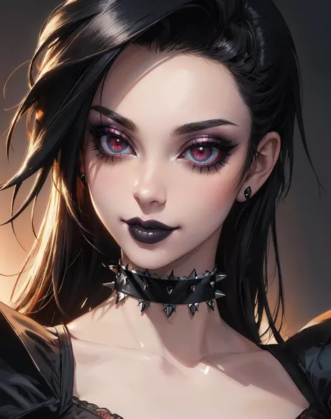 ((Masterpiece, best quality, edgQuality)),smile
edgChoker, 1girl, solo, close-up, spikes,(goth makeup),pale skin,metal choker,wearing edgChoker,lipstick