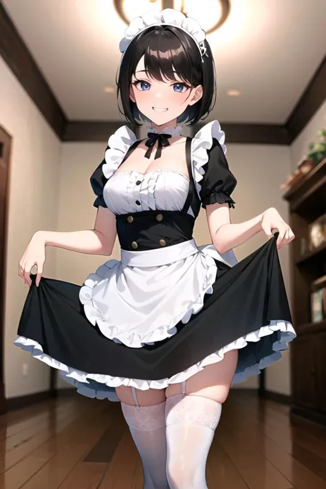 masterpiece, best quality, cowboy shot, 1girl, medium breasts, black hair, short hair, fit body, standing elegantly, lifting skirt, looking at viewer, grin,
white maid headdress, black maid dress, white stockings,
<lora:edgChokersv2:0.8>, edgChoker, black frill neck choker,
in the living room,