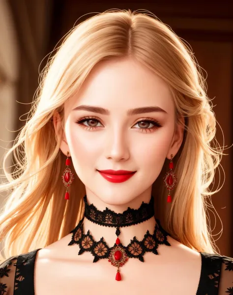 4K, Masterpiece, highres, absurdres,photorealistic, cute attractive face, smiling, edg_choker, a woman wearing a black lace collar with red beads  , edg_choker around the neck,cowboy shot, <lora:edg_choker:0.55>