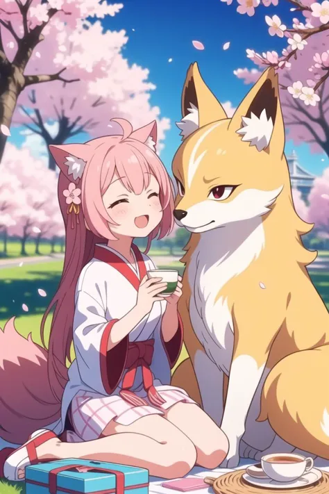 masterpiece, best quality, ultra detailed, anime style, Amid cherry blossom trees, a kitsune with multiple tails enjoys a springtime picnic with a celestial muse. The delicate petals fall like confetti as the pair sips tea and shares laughter, their connection harmonizing with the beauty of the blooming sakura