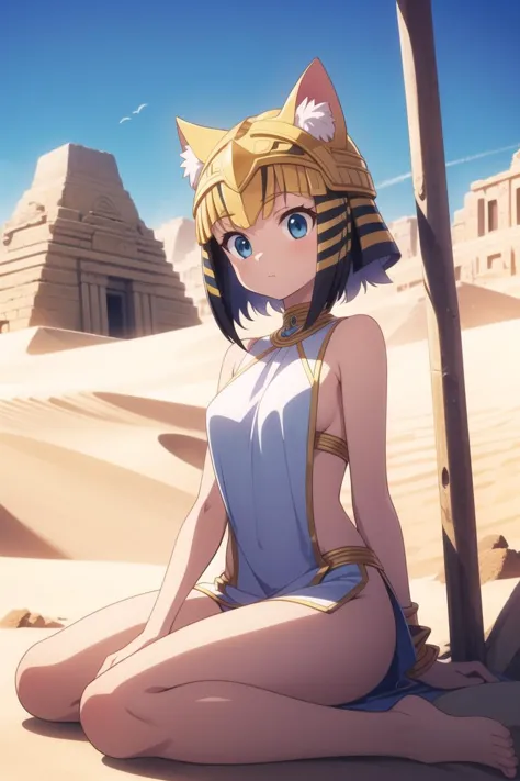 a woman in a white dress sitting on the ground in front of a pyramid